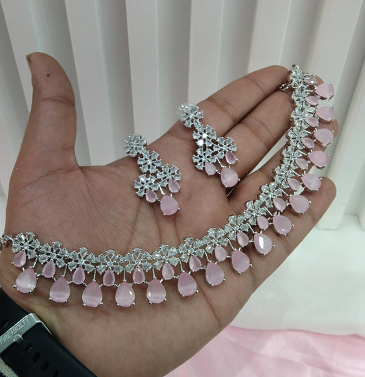 Pink Silver CZ Necklace Jewellery Rita Set