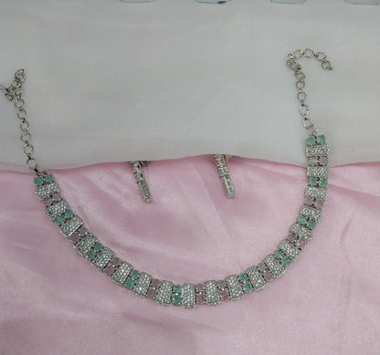 Sea Green Pink Silver CZ Necklace Jewellery Atif Set