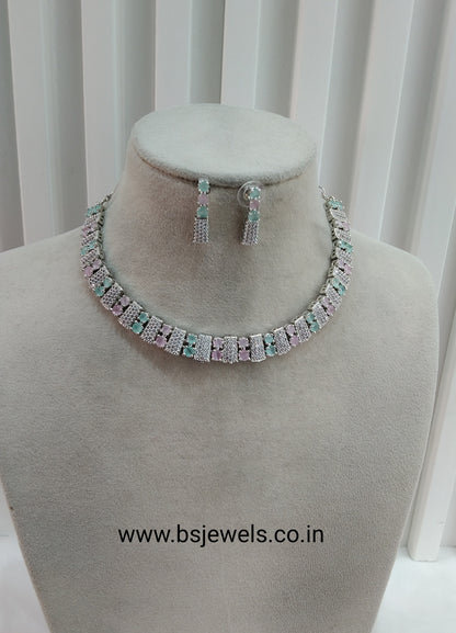Sea Green Pink Silver CZ Necklace Jewellery Atif Set