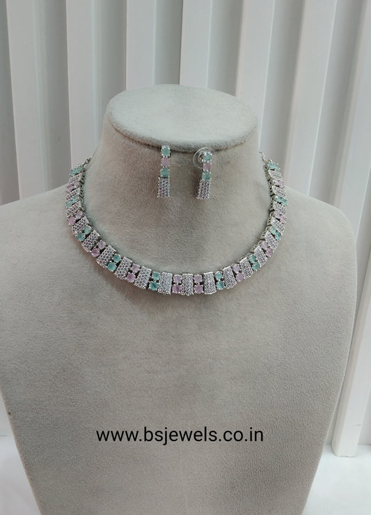 Sea Green Pink Silver CZ Necklace Jewellery Atif Set