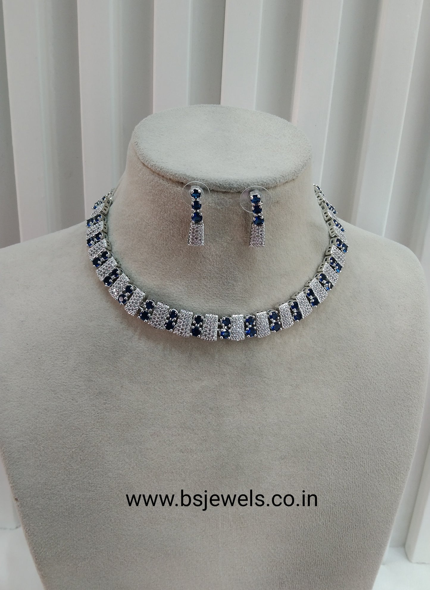 Blue Silver CZ Necklace Jewellery Atif Set