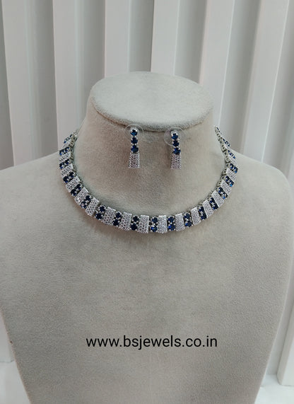 Blue Silver CZ Necklace Jewellery Atif Set