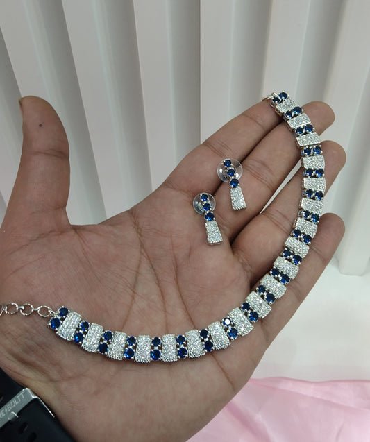 Blue Silver CZ Necklace Jewellery Atif Set