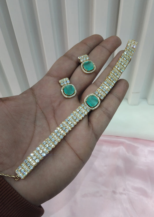 Sea Green Gold CZ Choker Jewellery Sita Set