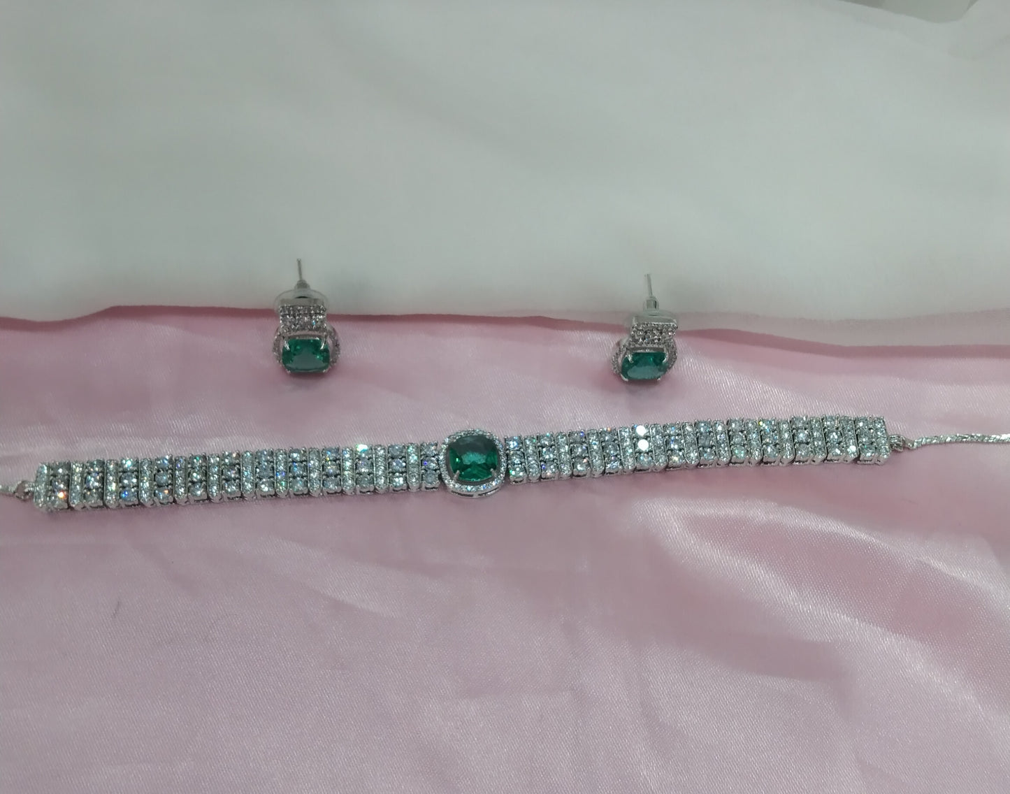 Green Silver CZ Choker Jewellery Sita Set