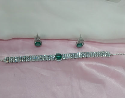 Green Silver CZ Choker Jewellery Sita Set