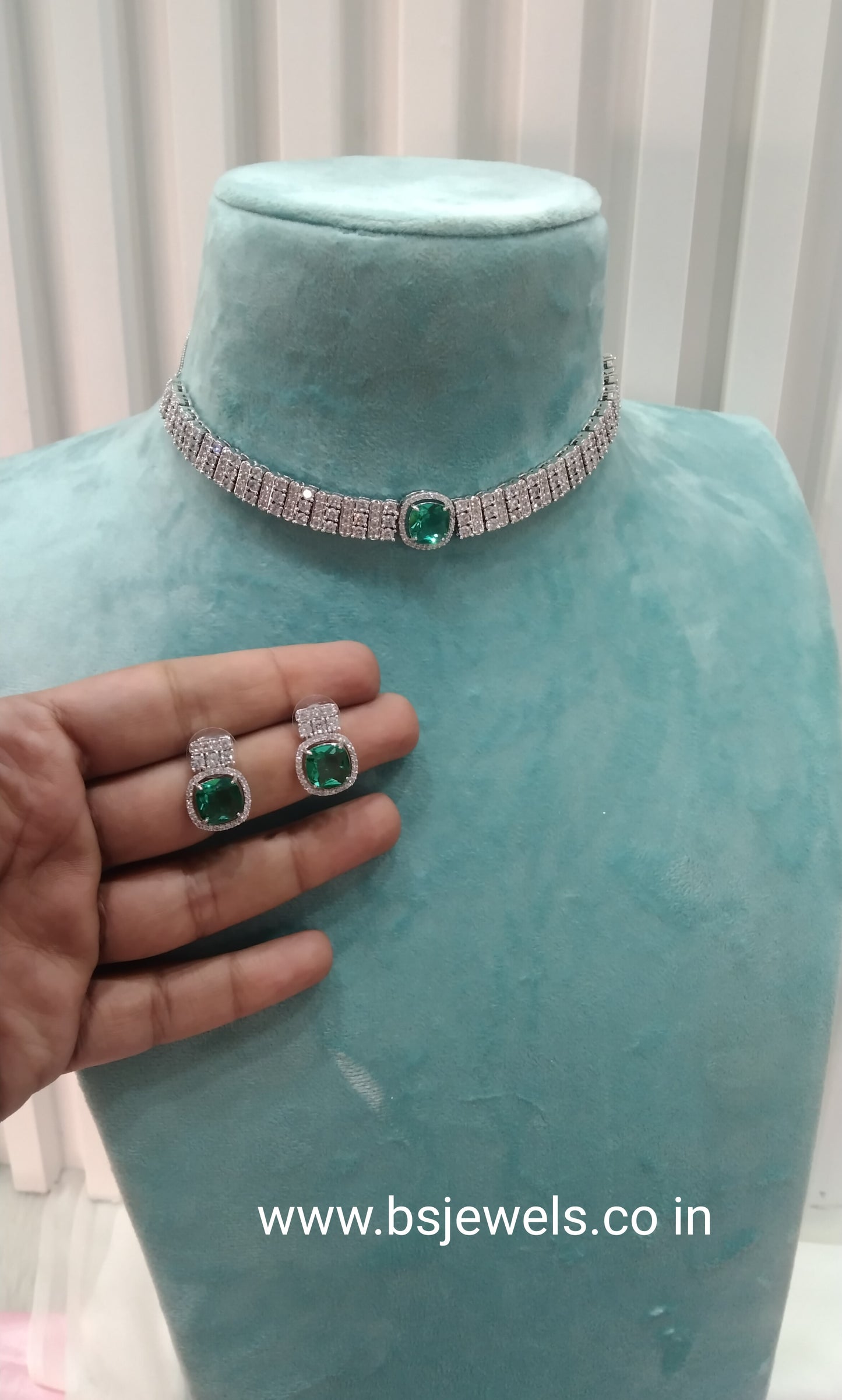 Green Silver CZ Choker Jewellery Sita Set
