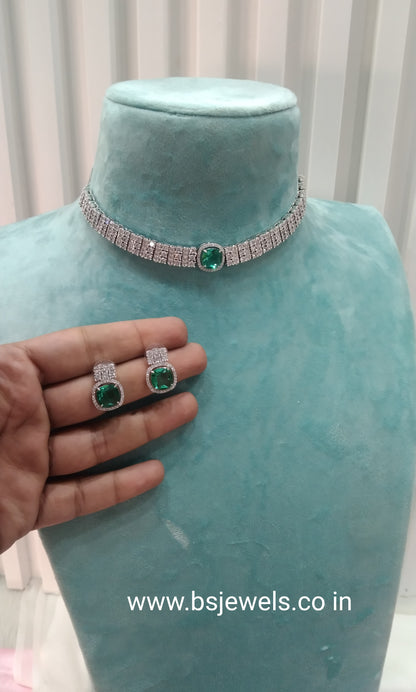 Green Silver CZ Choker Jewellery Sita Set