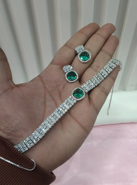 Green Silver CZ Choker Jewellery Sita Set