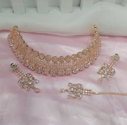 Pista Pink Rose CZ Choker Jewellery Court Set