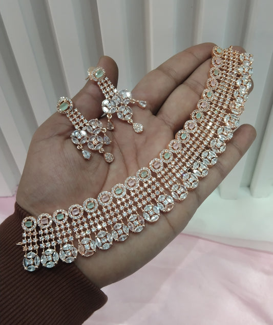 Pista Pink Rose CZ Choker Jewellery Court Set