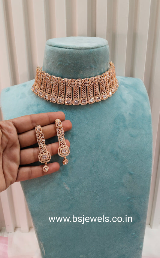 Pink Rose CZ Choker Jewellery British Set