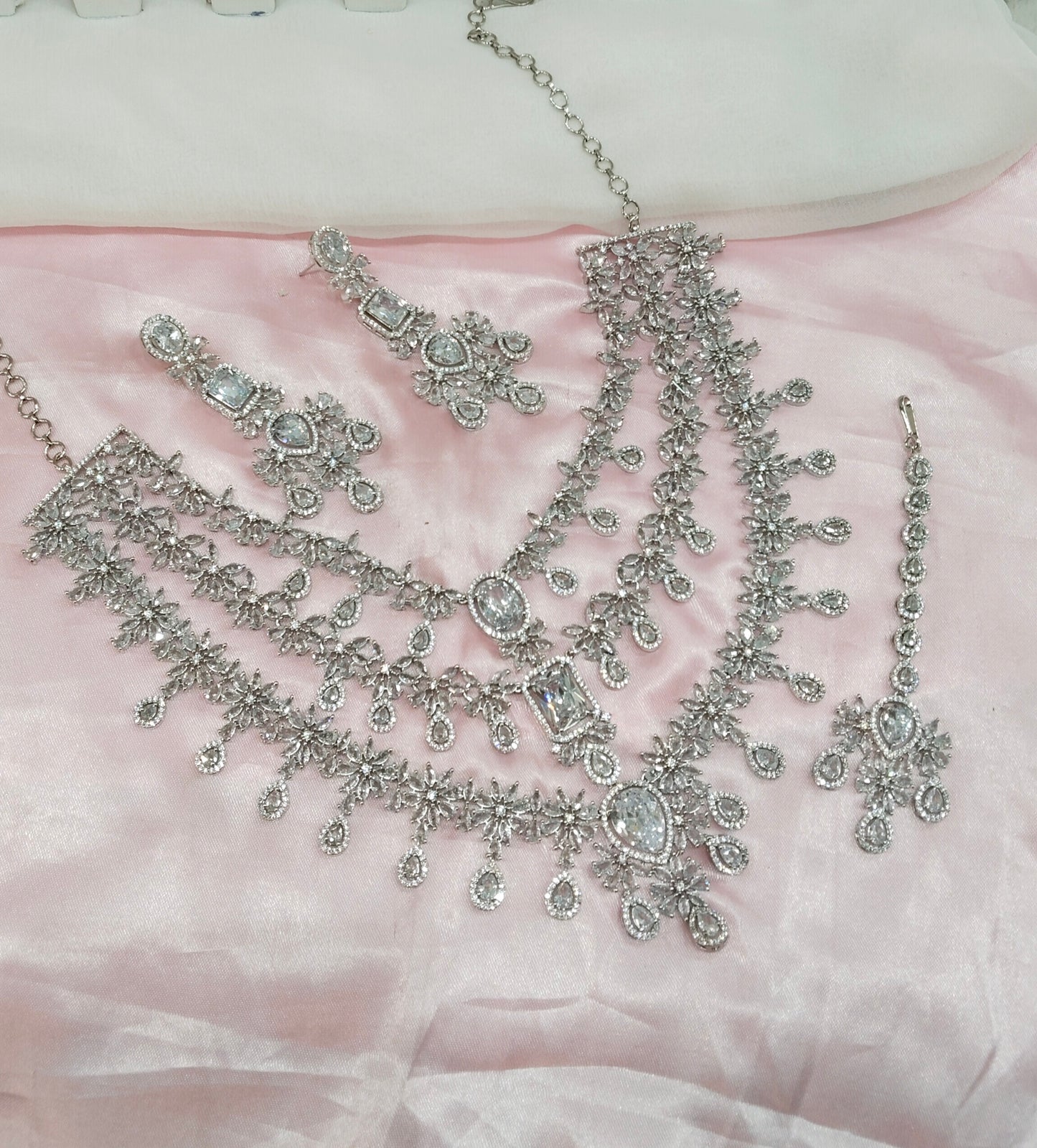 White Silver CZ Necklace Jewellery Nidhi Set