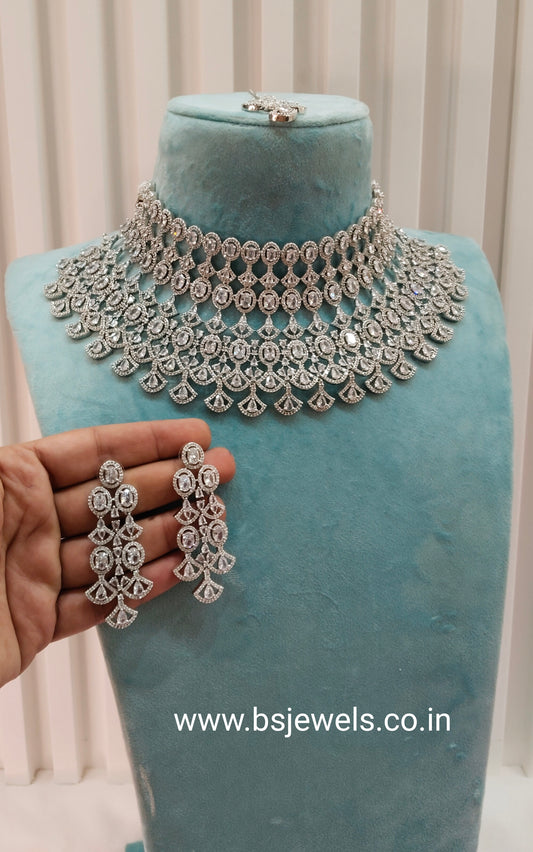 White Silver CZ Bridal Necklace Choker Jewellery Kiara Set