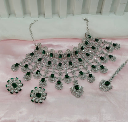 Green Silver CZ Bridal Necklace Choker Jewellery Kiara Set