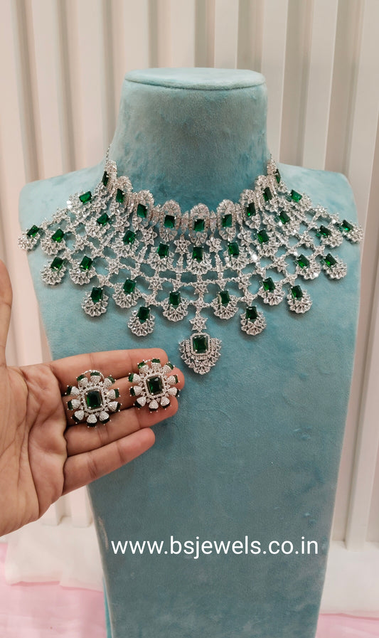 Green Silver CZ Bridal Necklace Choker Jewellery Kiara Set