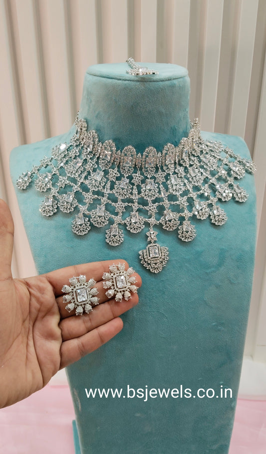 White Silver CZ Bridal Necklace Choker Jewellery Kiara Set