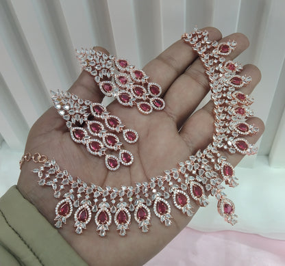 Maroon Rose CZ Necklace Jewellery Rihana Set