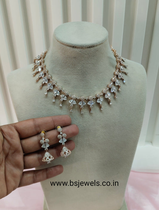 White Rose CZ Jhumki Necklace Jewellery Ten Modi Set