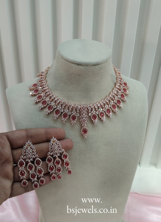 Maroon Rose CZ Necklace Jewellery Rihana Set