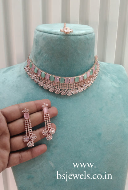 Mint Pink Rose CZ Choker Jewellery Ankush Set