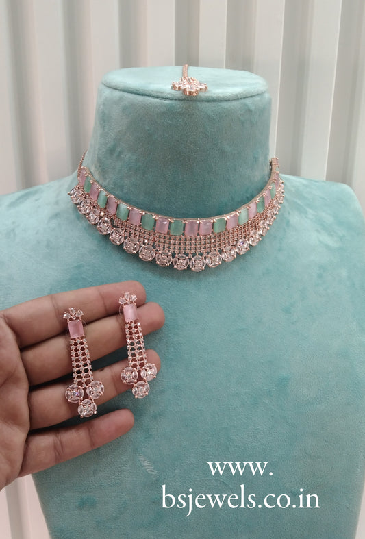 Mint Pink Rose CZ Choker Jewellery Ankush Set