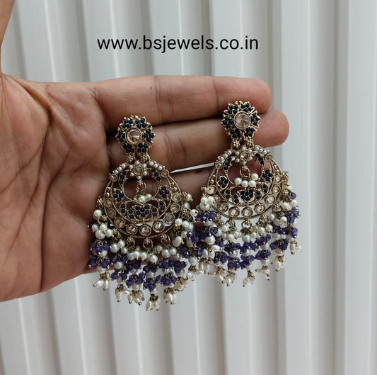 Lavender Antique Gold Chandbali Bollywood Earrings Lila Set