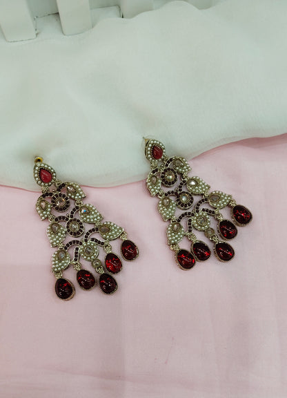 Maroon Antique Gold Bollywood Earrings Rava Set