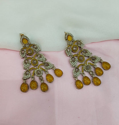 Yellow Antique Gold Bollywood Earrings Rava Set