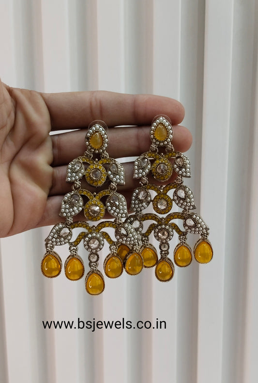 Yellow Antique Gold Bollywood Earrings Rava Set