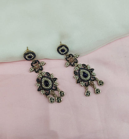 Blue Antique Gold Bollywood Earrings Nahar Set