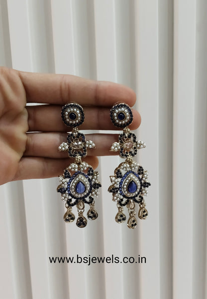 Blue Antique Gold Bollywood Earrings Nahar Set