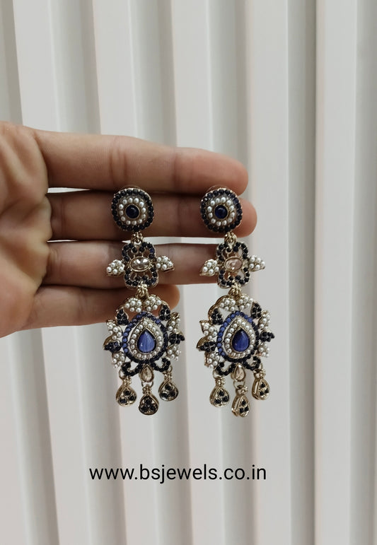Blue Antique Gold Bollywood Earrings Nahar Set