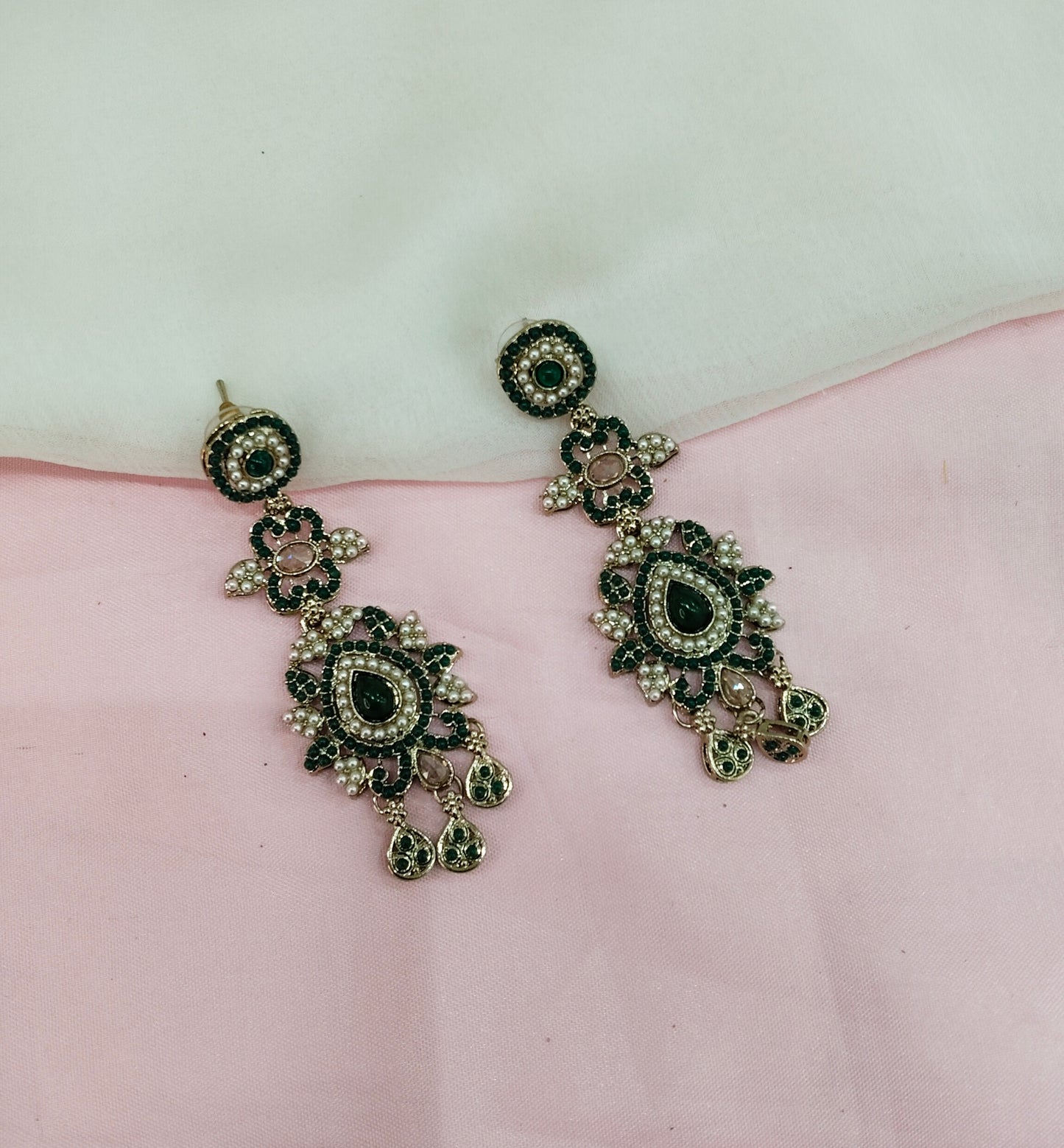 Green Antique Gold Bollywood Earrings Nahar Set