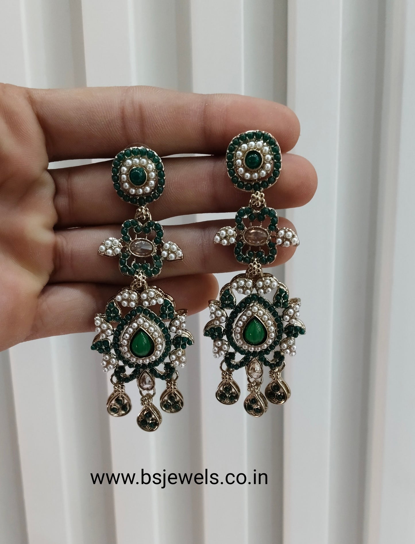 Green Antique Gold Bollywood Earrings Nahar Set