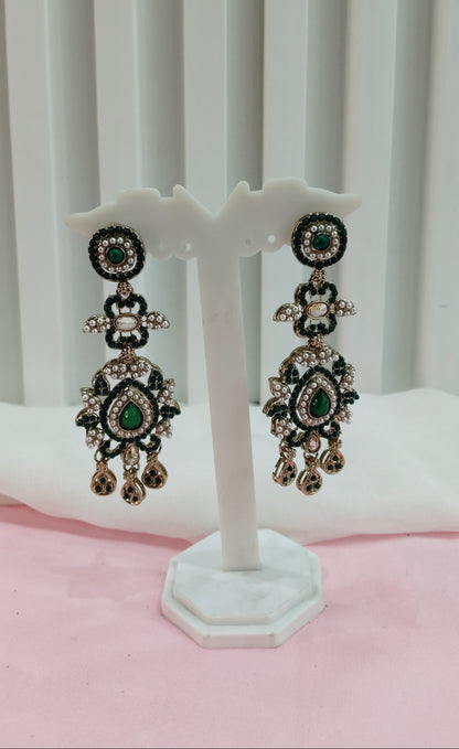Green Antique Gold Bollywood Earrings Nahar Set