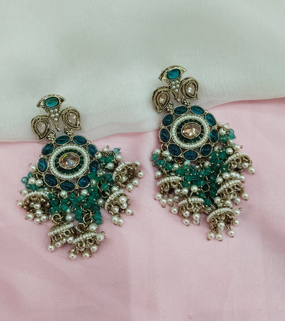 Turquoise Antique Gold Bollywood Earrings Pari Set