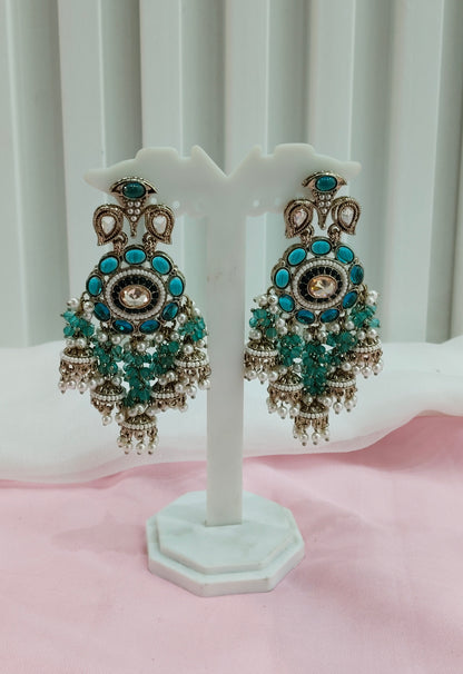 Turquoise Antique Gold Bollywood Earrings Pari Set