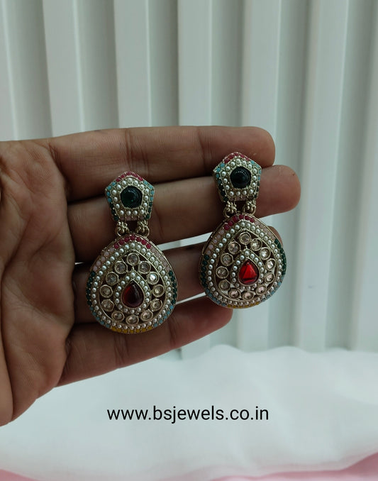 Multi Color Antique Gold Bollywood Earrings Pari Set