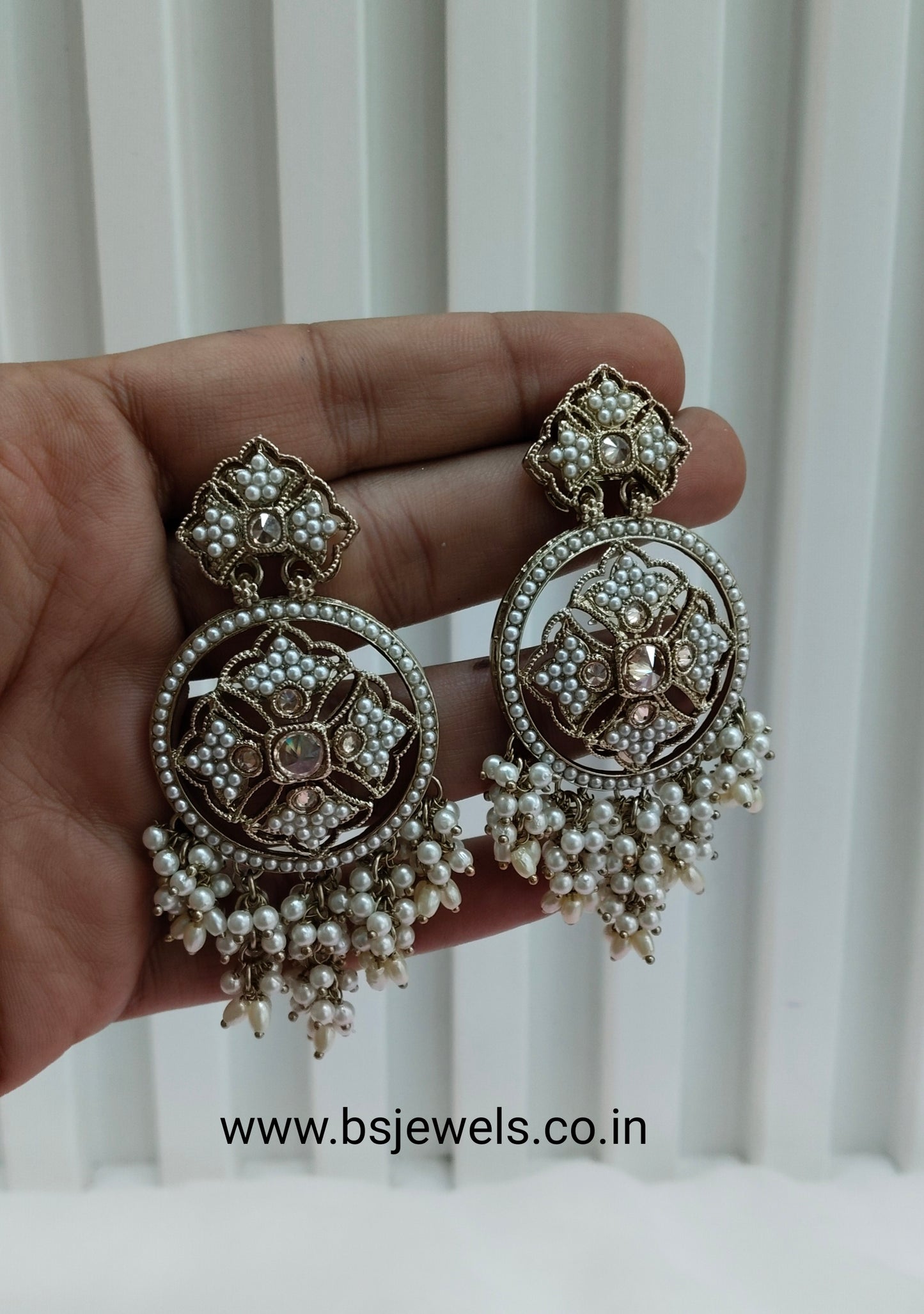 White Gold Champagne Stone Bollywood Earrings Tokyo Set
