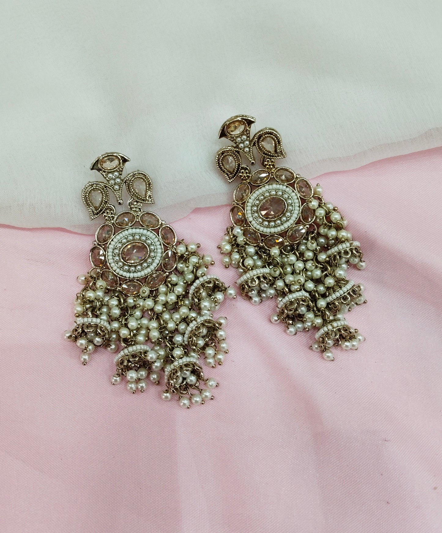 White Gold Champagne Stone Bollywood Earrings Tokyo Set