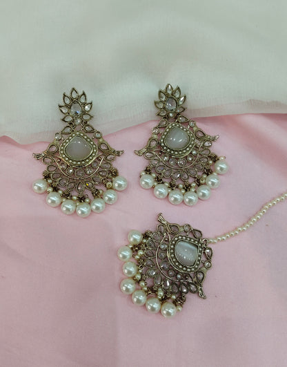 White Gold Champagne Stone Bollywood Earrings Rio Tikka Set