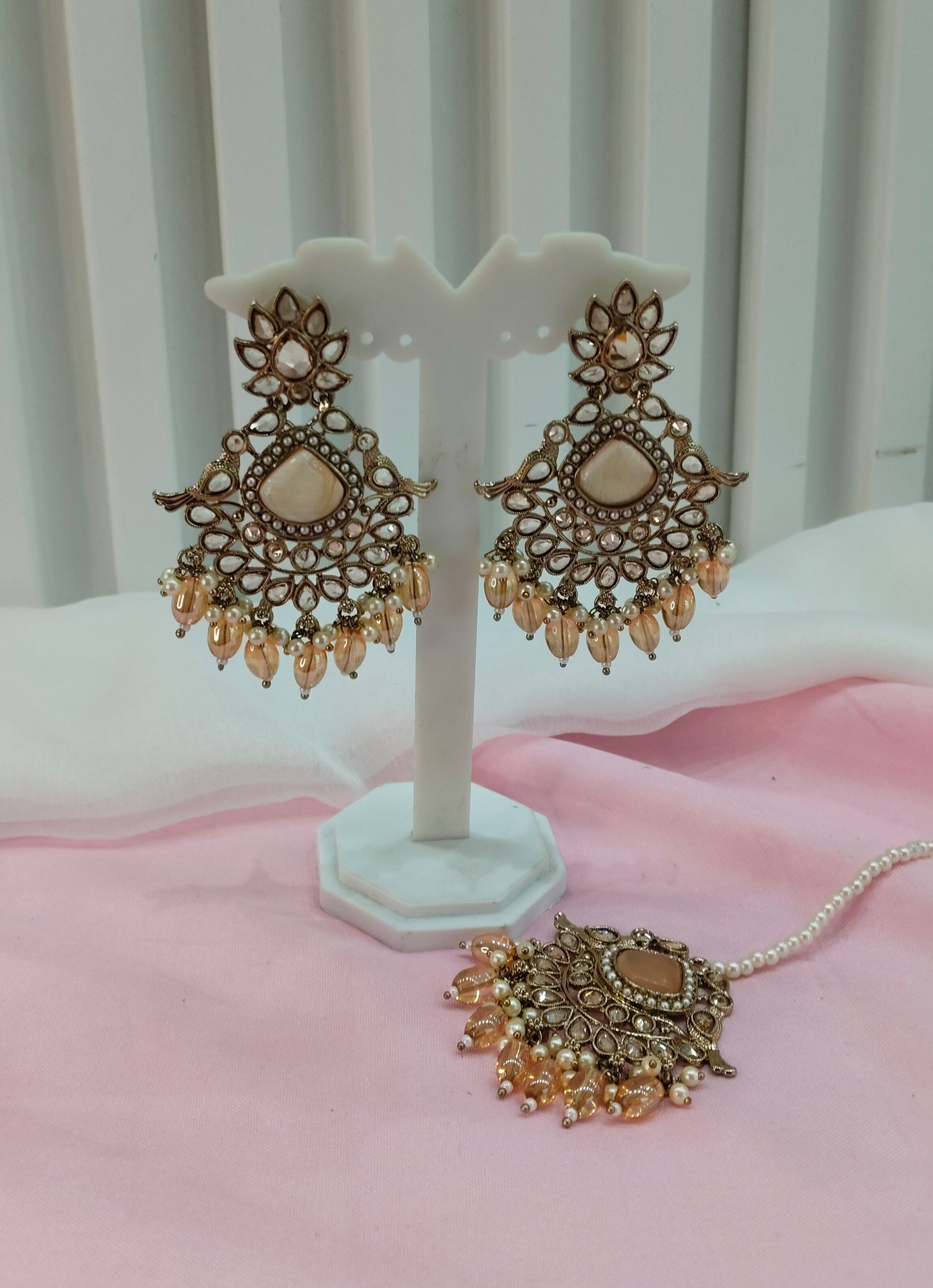 Peach Gold Champagne Stone Bollywood Earrings Rio Tikka Set