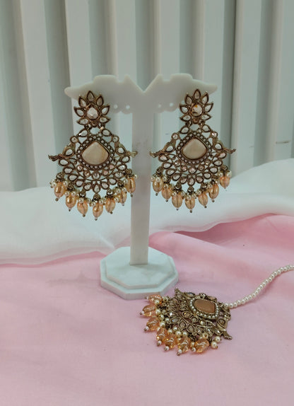 Peach Gold Champagne Stone Bollywood Earrings Rio Tikka Set