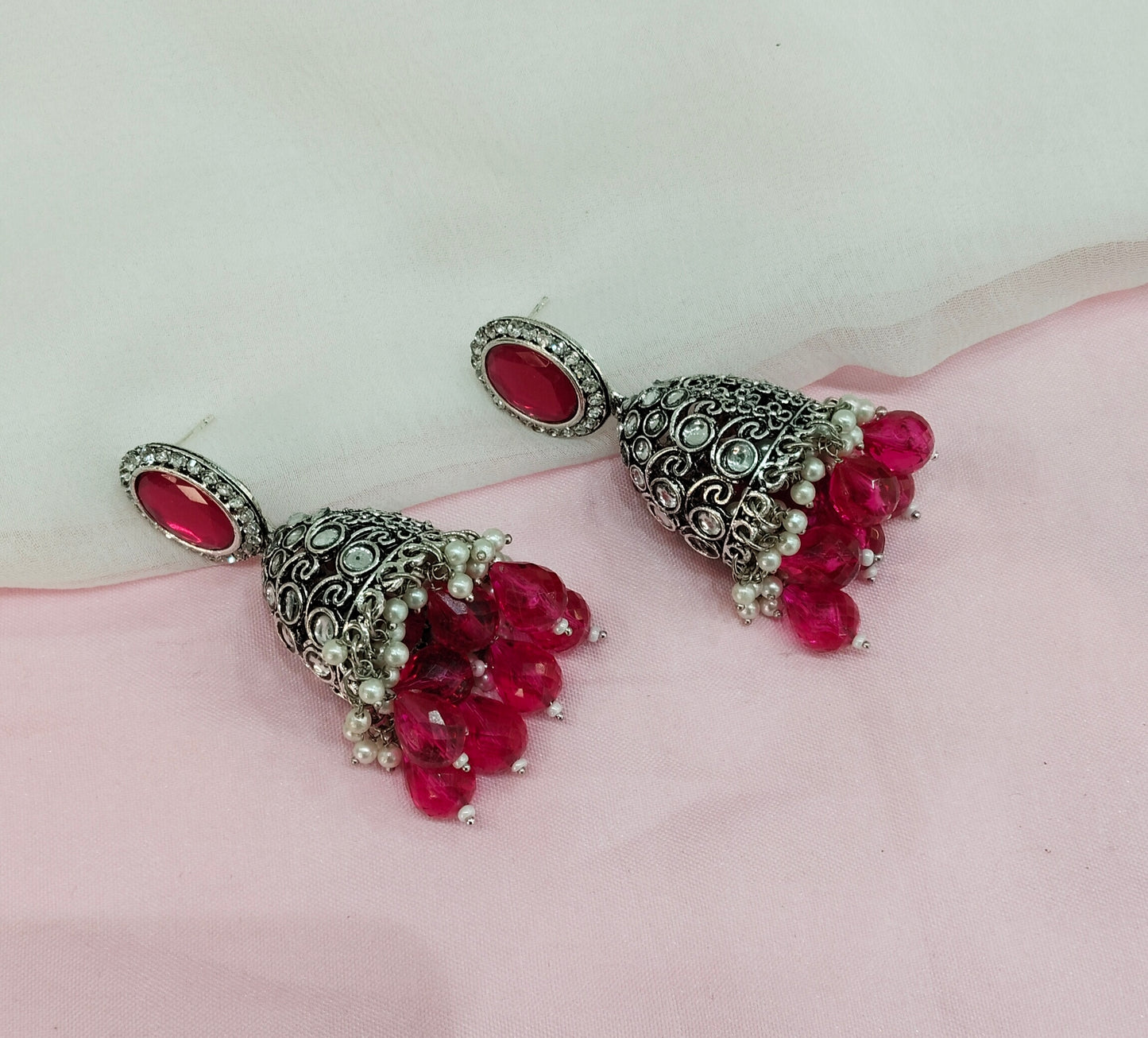 Majenta Oxidized Metal Denber Jhumka Earrings