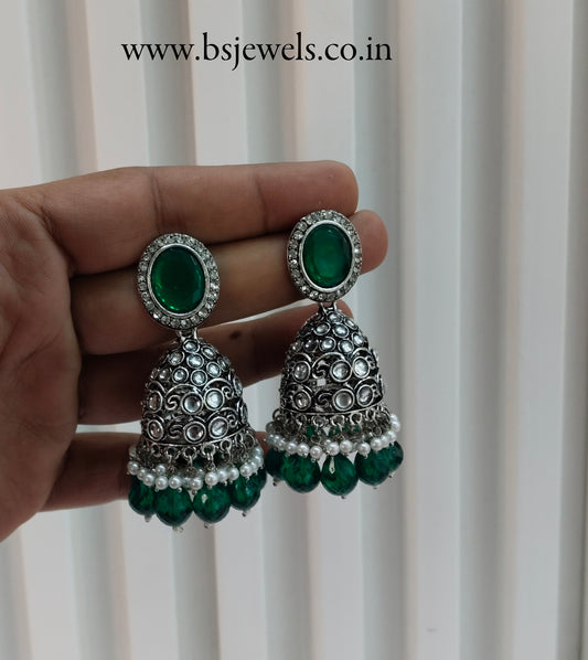Green Oxidized Metal Denber Jhumka Earrings Set