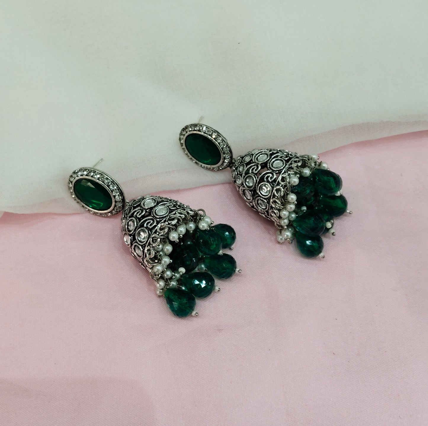 Green Oxidized Metal Denber Jhumka Earrings Set