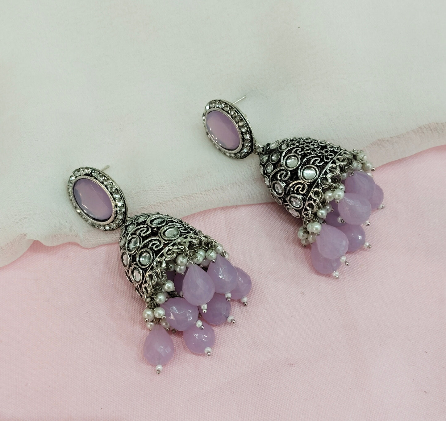 Lavender Oxidized Metal Denber Jhumka Earrings Set
