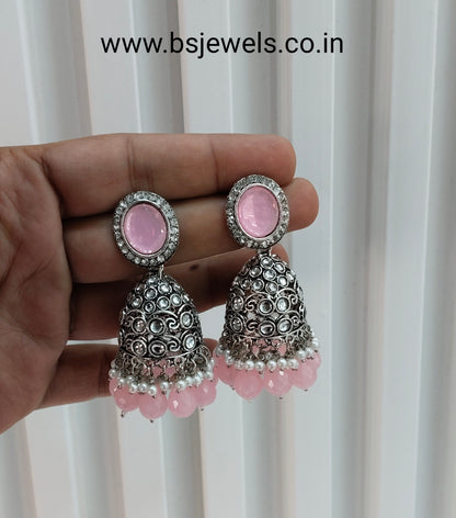 Pink Oxidized Metal Denber Jhumka Earrings Set