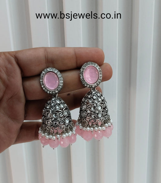 Pink Oxidized Metal Denber Jhumka Earrings Set